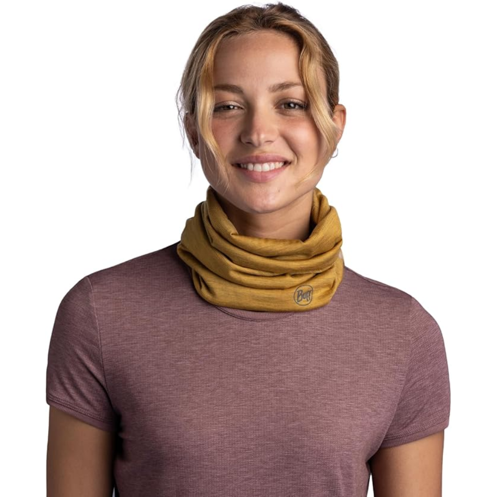 Buff Merino Lightweight Neckwear Multistripes (Maize) around the neck