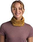 Buff Merino Lightweight Neckwear Multistripes (Maize) around the neck