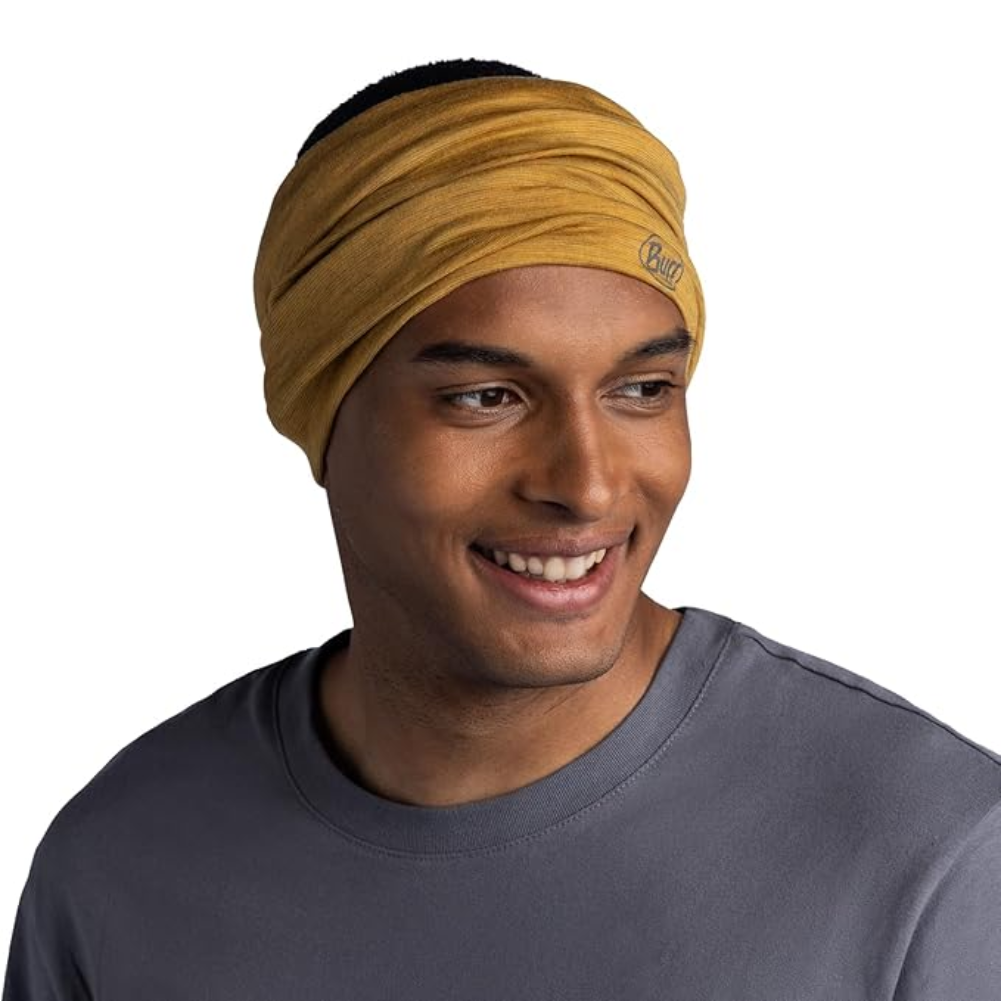 Buff Merino Lightweight Neckwear Multistripes (Maize) around forehead
