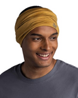 Buff Merino Lightweight Neckwear Multistripes (Maize) around forehead