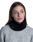 Buff Midweight Merino Wool Neckwarmer/Facecover (Solid Black) female model