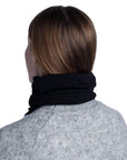 Buff Midweight Merino Wool Neckwarmer/Facecover (Solid Black) back woman model
