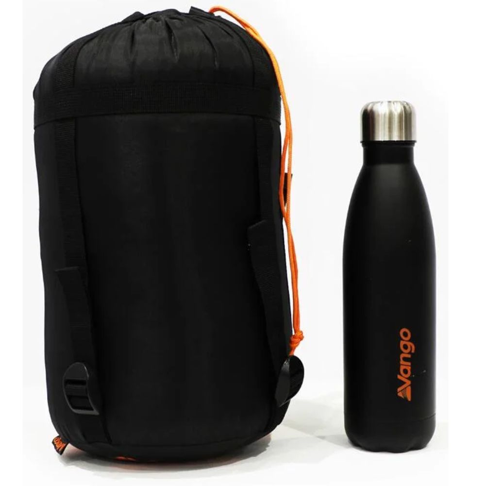 Vango Cobra 600 Down Filled Sleeping Bag (Anthracite) size next to bottle