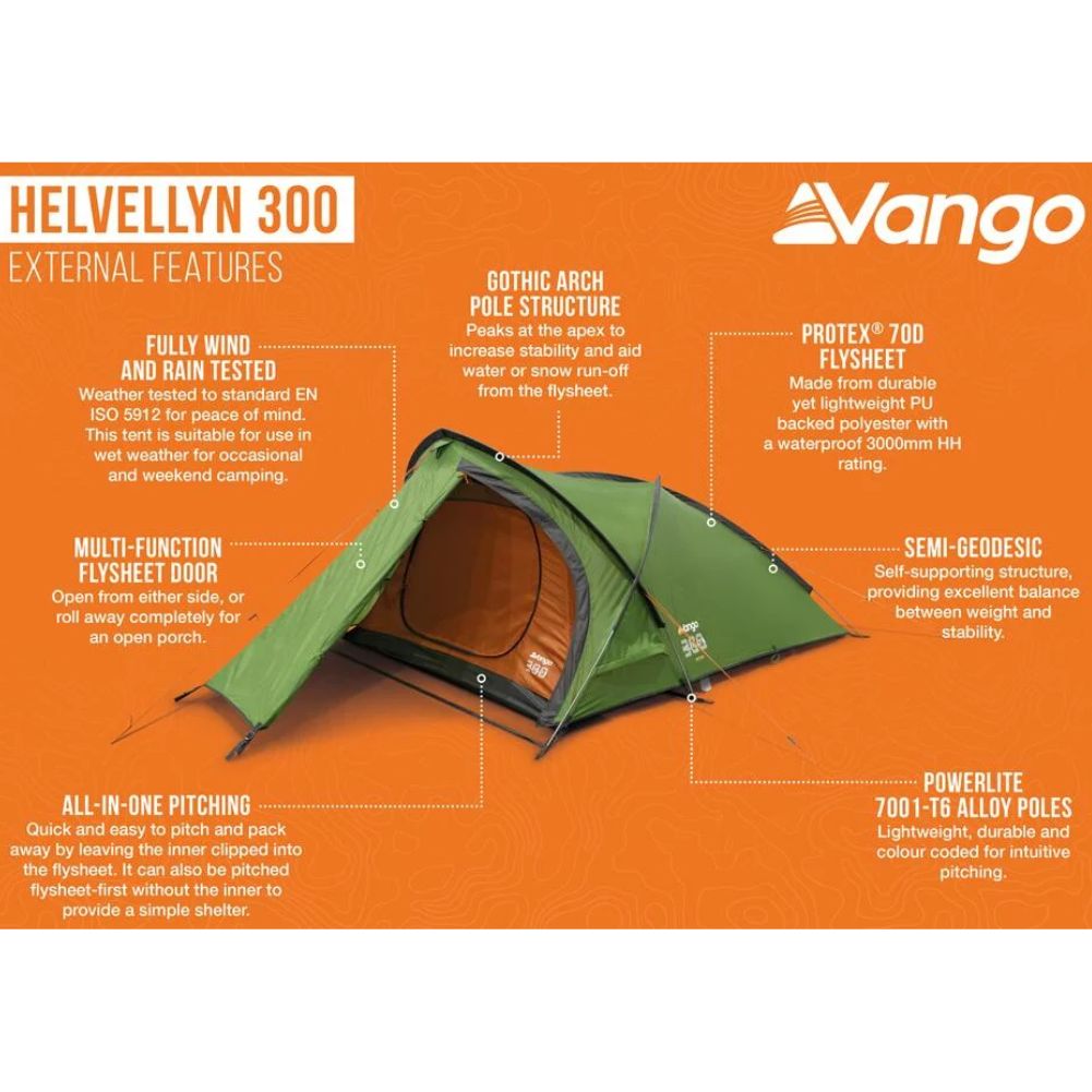 Vango Helvellyn 300 Trekking Tent - 3 Man Semi-Geodesic Tent (Pamir Green) info