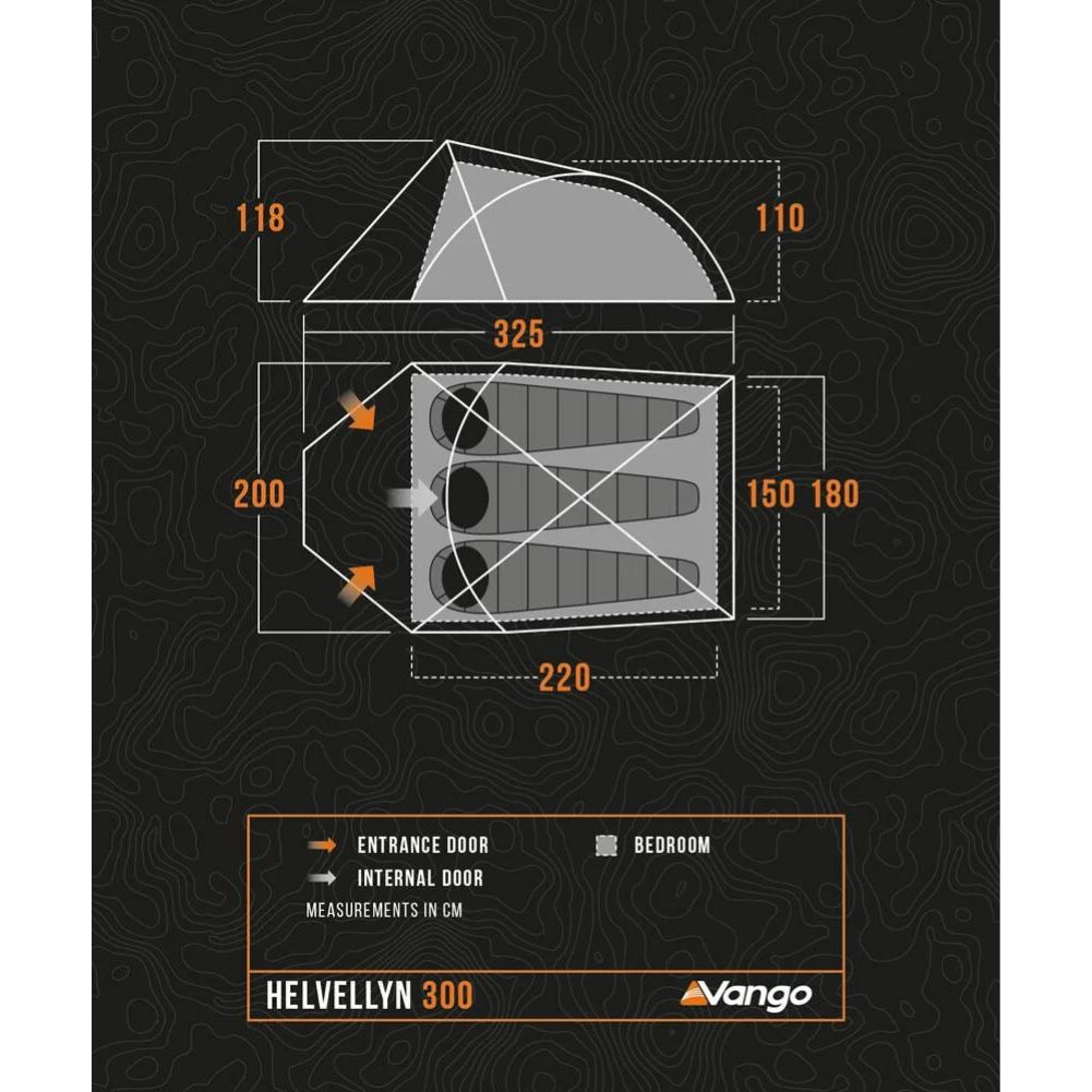 Vango Helvellyn 300 Trekking Tent - 3 Man Semi-Geodesic Tent (Pamir Green) diagram