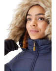 Rab Women's Deep Cover Recycled Down Parka (Deep Denim) hood up