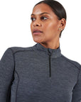 Montane Women's PRIMINO 140 Zip Neck Baselayer (Black) close up of zip