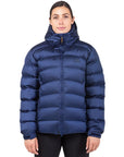 Mountain Equipment Women's Lightline Down Jacket (Medieval Blue) woman wearing
