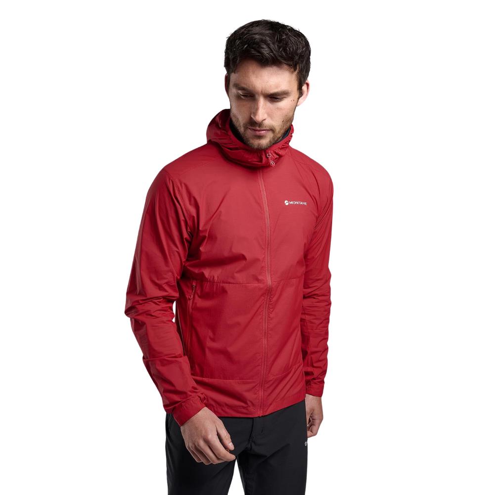 Montane Men's Featherlite Packable Hooded Windproof Jacket (Acer Red) model looking