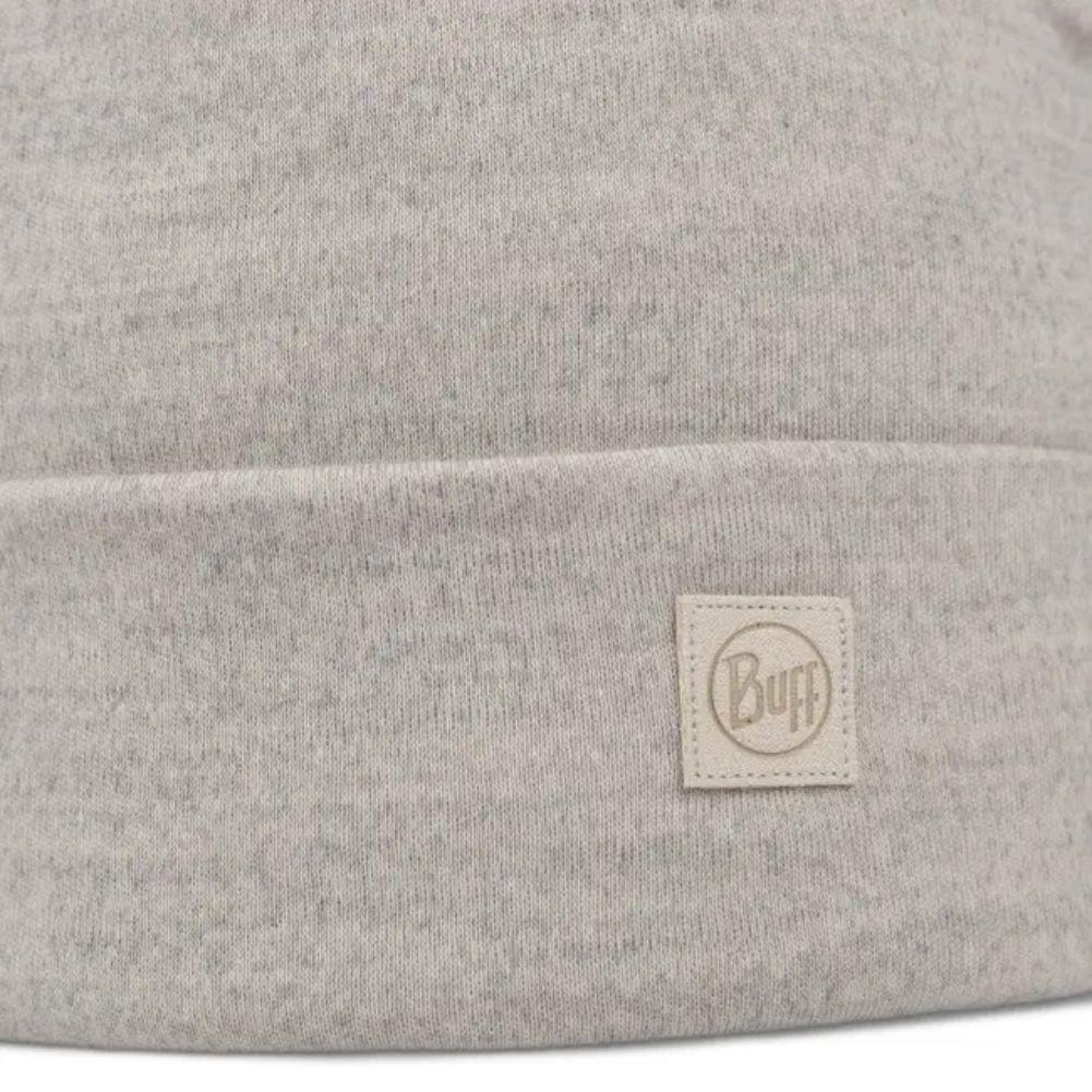 Buff Merino Heavyweight Beanie Solid (Cloud) close up logo
