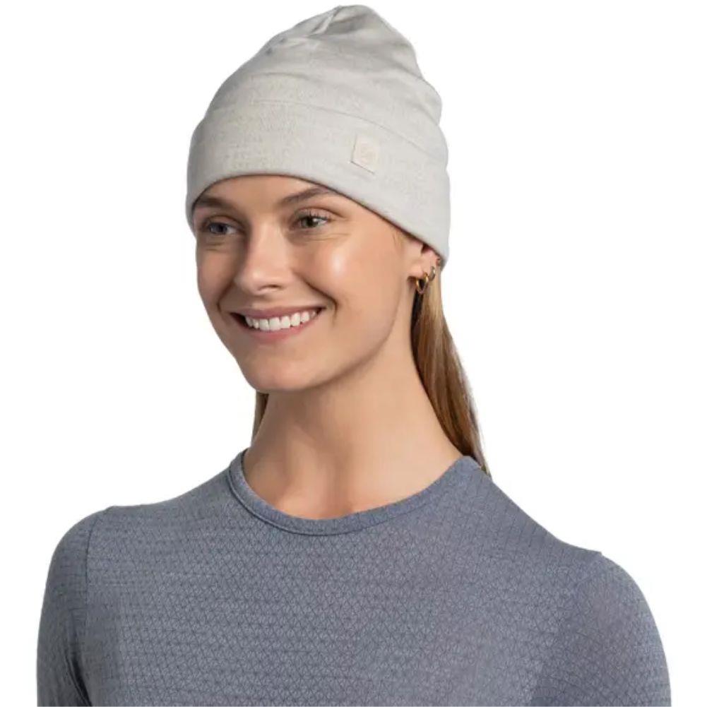 Buff Merino Heavyweight Beanie Solid (Cloud) model smile