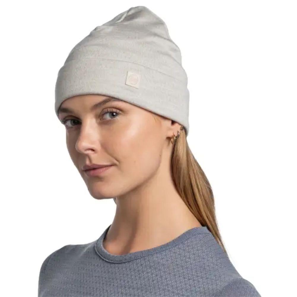 Buff Merino Heavyweight Beanie Solid (Cloud) model angle