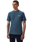 Berghaus Men's Cheviot Box Logo Short Sleeve T-Shirt (Blue) model looking away