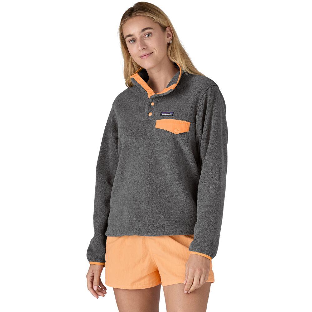 Patagonia Women's Lightweight Synchilla Snap-T Fleece Pullover (Nickel w/Vivid Apricot) model smiling