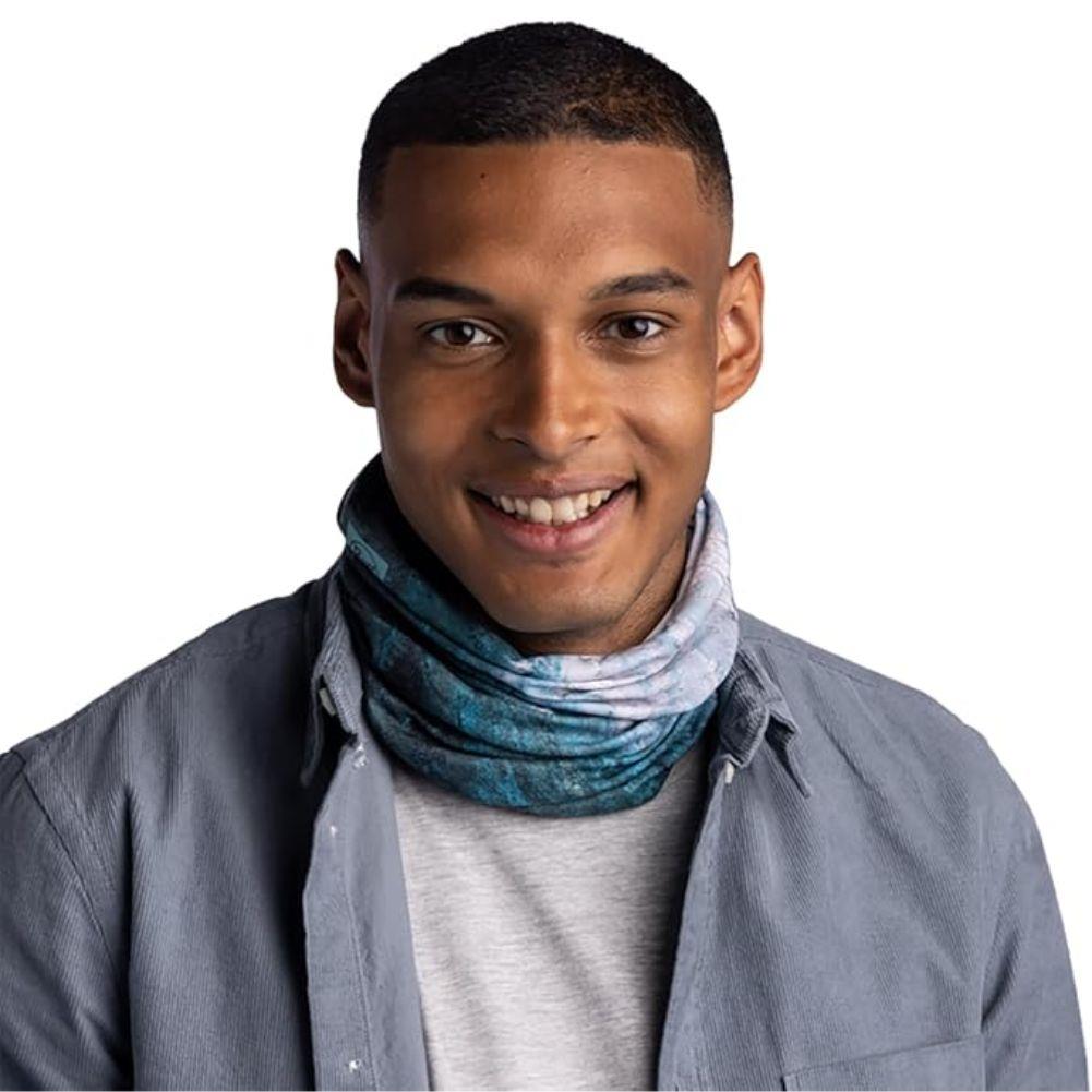 Buff CoolNet UV Neckwear (Watsea Blue Surfrider) around neck