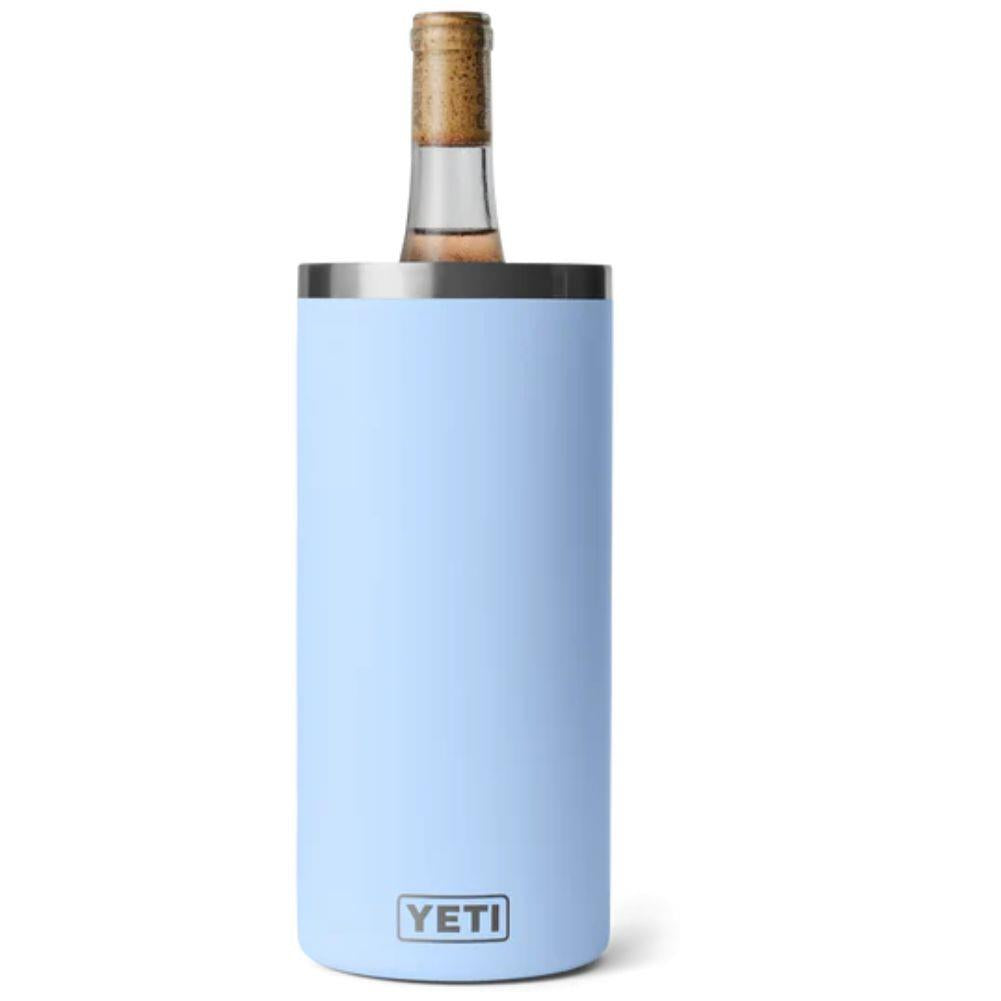 Yeti Rambler Wine Chiller (Big Sky Blue) with bottle front