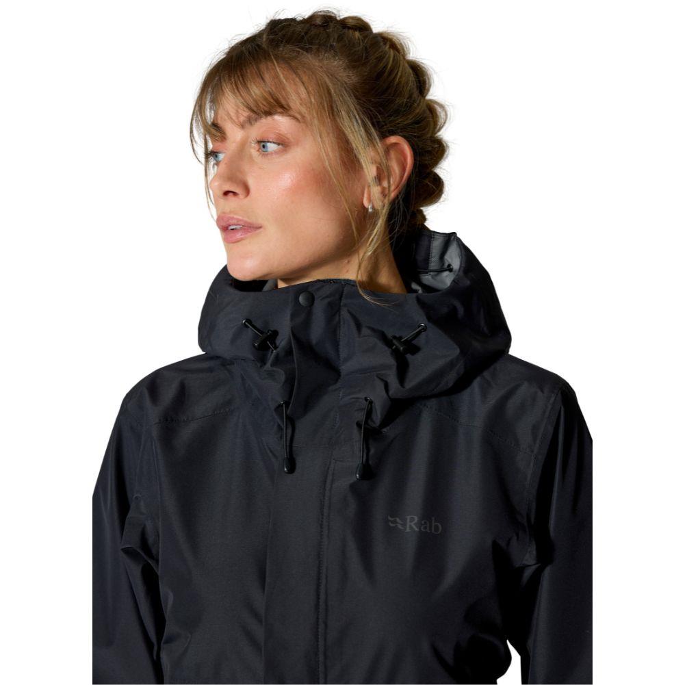 Rab Women's Downpour Waterproof Jacket (Black) model looking away