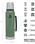 Stanley Classic Legendary Thermal 1L Flask (Hammertone Green) info