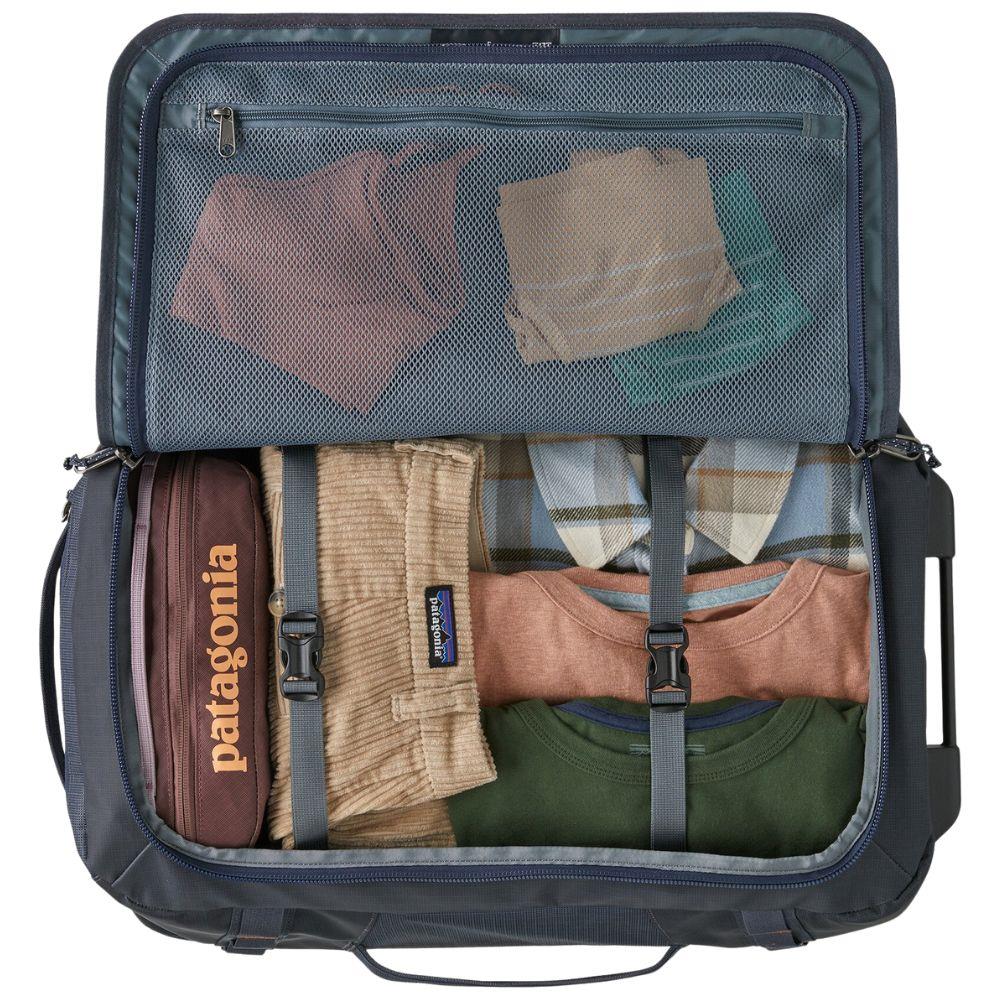 Patagonia Black Hole Wheeled Duffel 40L (Smolder Blue w/Amanita Red) packed