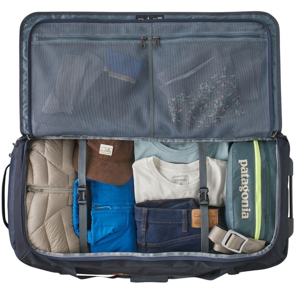 Patagonia Black Hole Wheeled Duffel 100L (Smolder Blue w/Amanita Red) inside