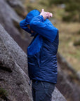 Mountain Equipment Men's Fitzroy Insulated Jacket (Medieval Blue/Lapis Blue) getting hood