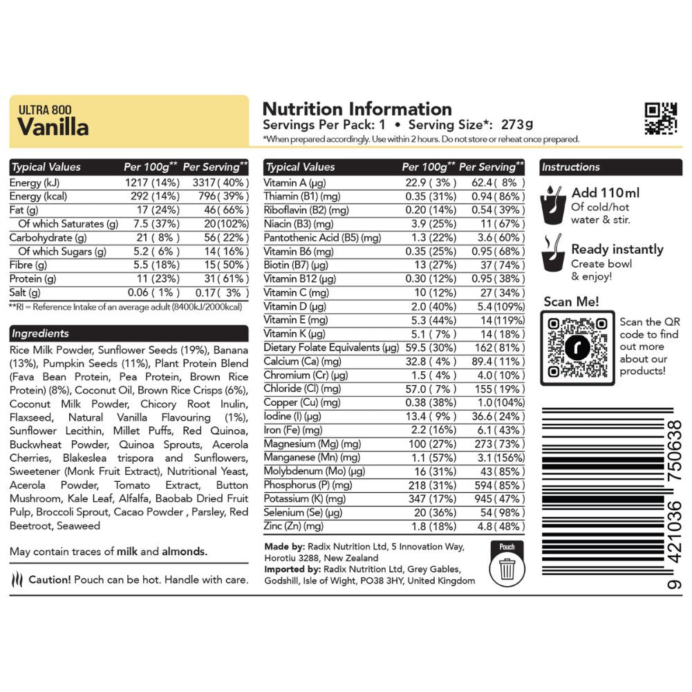 Radix Nutrition Ultra Breakfast v9.0 – 800Kcal info