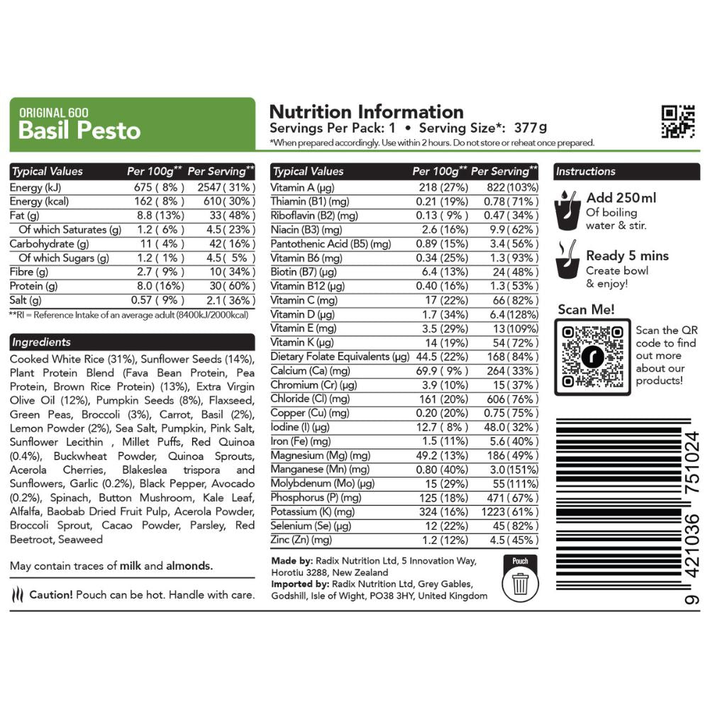 Radix Nutrition Original Meals v8.0 – 600Kcal back info
