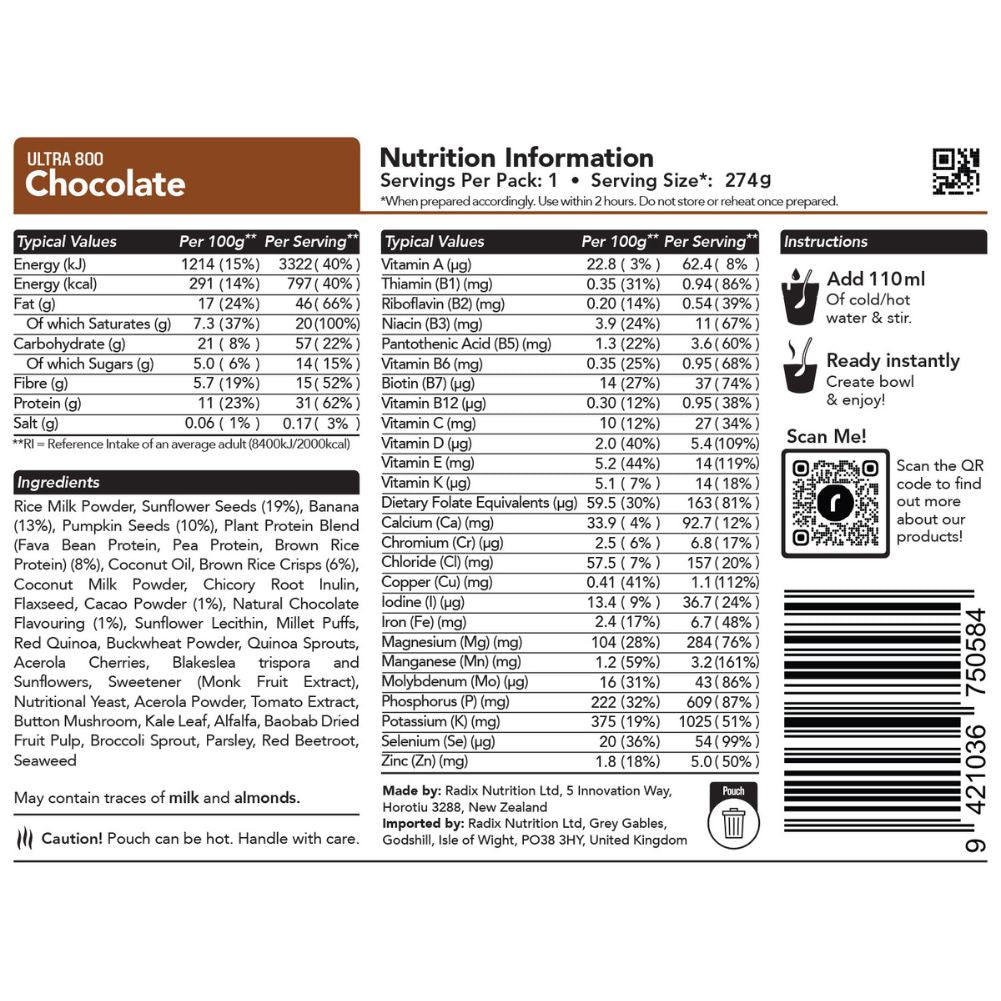 Radix Nutrition Ultra Breakfast v9.0 – 800Kcal back info