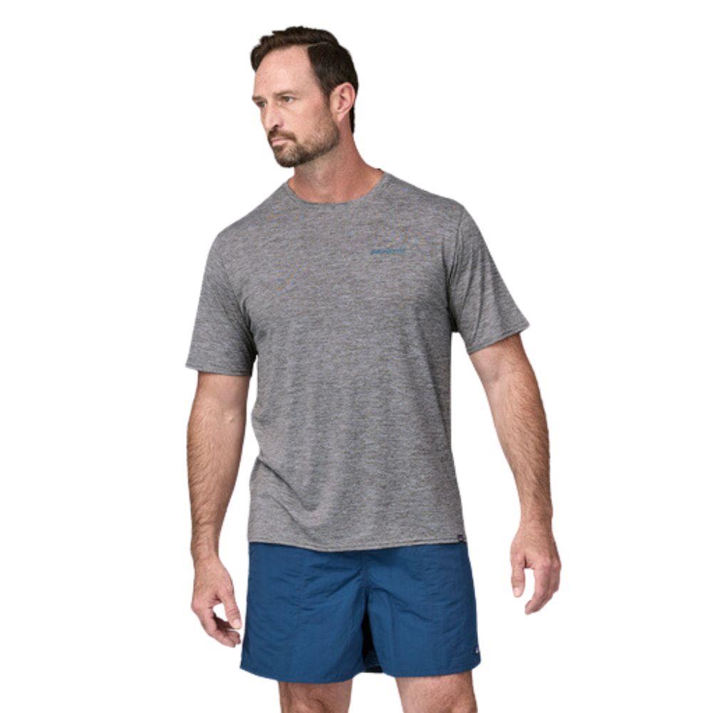 Patagonia  Men&#39;s Capilene Cool Daily Graphic Shirt - Waters (Boardshort Logo Abalone Blue: Feather Grey) front angle slightly