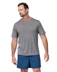 Patagonia  Men's Capilene Cool Daily Graphic Shirt - Waters (Boardshort Logo Abalone Blue: Feather Grey) front angle slightly