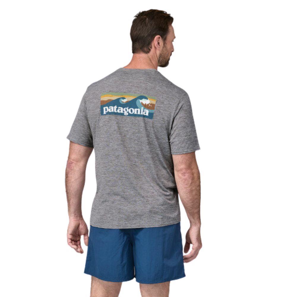 Patagonia  Men&#39;s Capilene Cool Daily Graphic Shirt - Waters (Boardshort Logo Abalone Blue: Feather Grey) male back 
