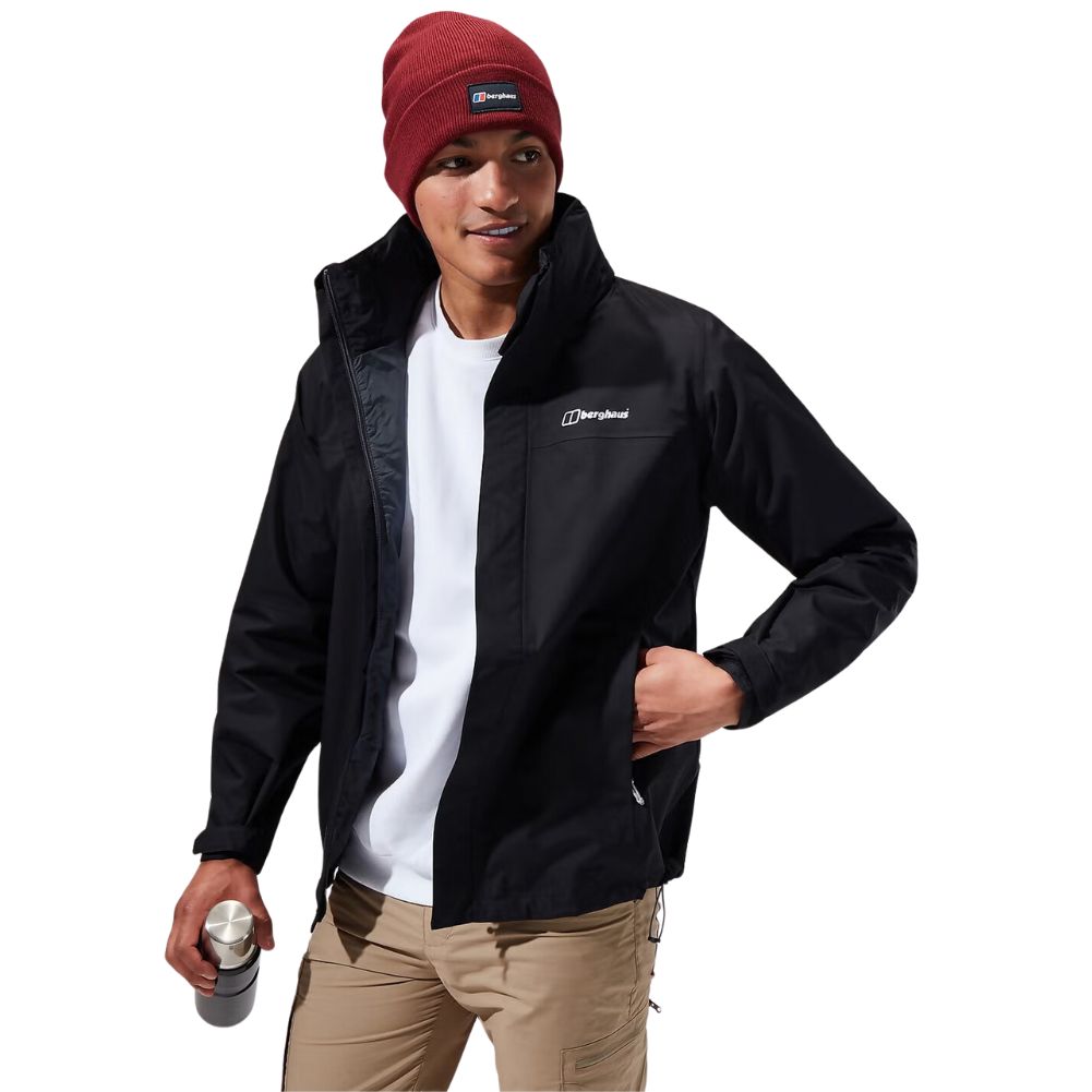 Berghaus Men's RG Alpha 2.0 Shell Waterproof Jacket (Black) model smiling looking away