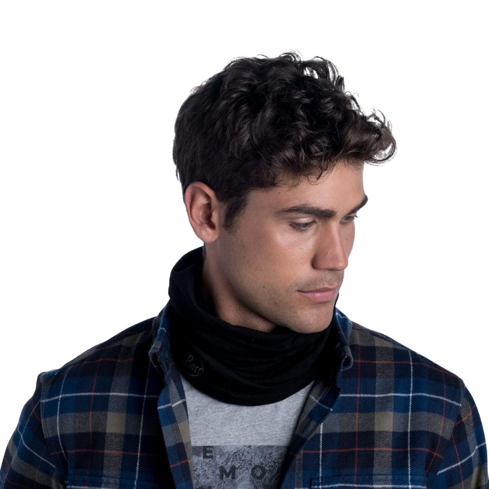 Buff Midweight Merino Wool Neckwarmer/Facecover (Solid Black) model left looking