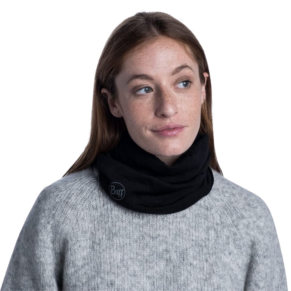 Buff Midweight Merino Wool Neckwarmer/Facecover (Solid Black) female model