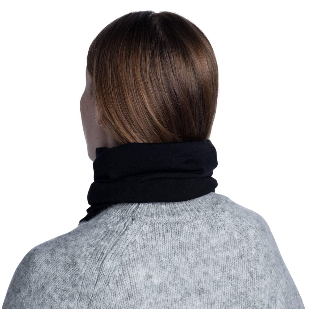 Buff Midweight Merino Wool Neckwarmer/Facecover (Solid Black) back woman model