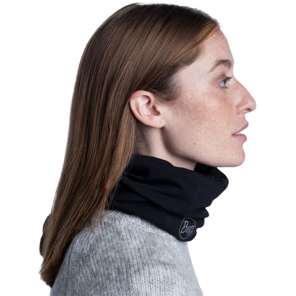 Buff Midweight Merino Wool Neckwarmer/Facecover (Solid Black) woman profile