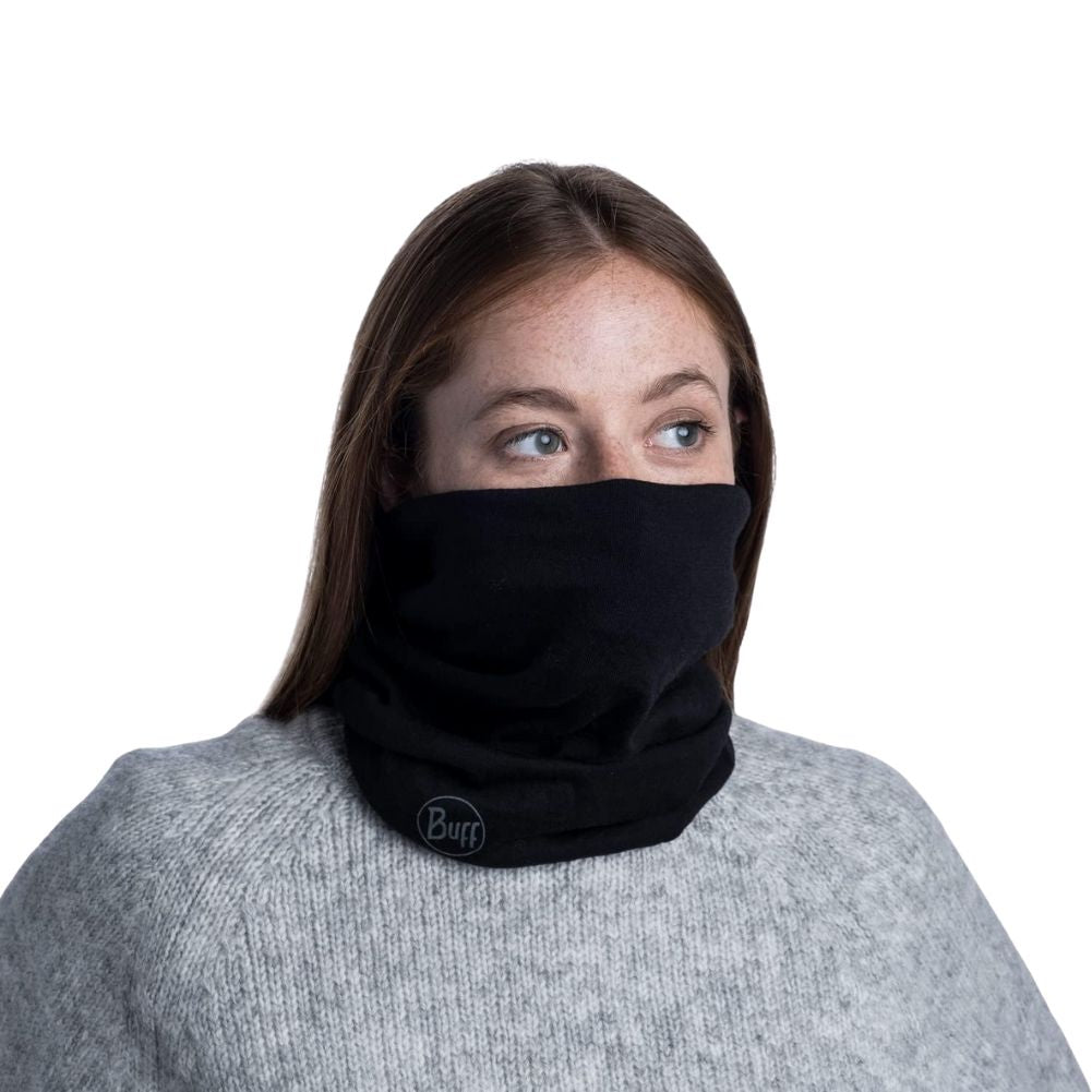 Buff Midweight Merino Wool Neckwarmer/Facecover (Solid Black) covered face