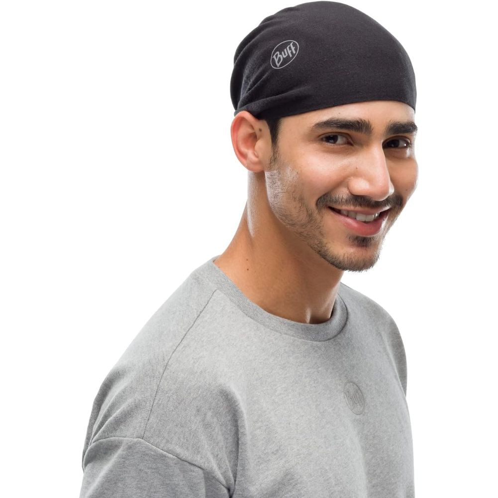 Buff ThermoNet Neckwarmer Face Cover (Solid Black) on head