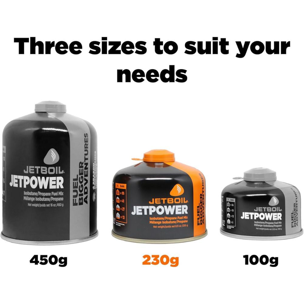 Jetboil JetPower Fuel 230g Gas Canister sizes
