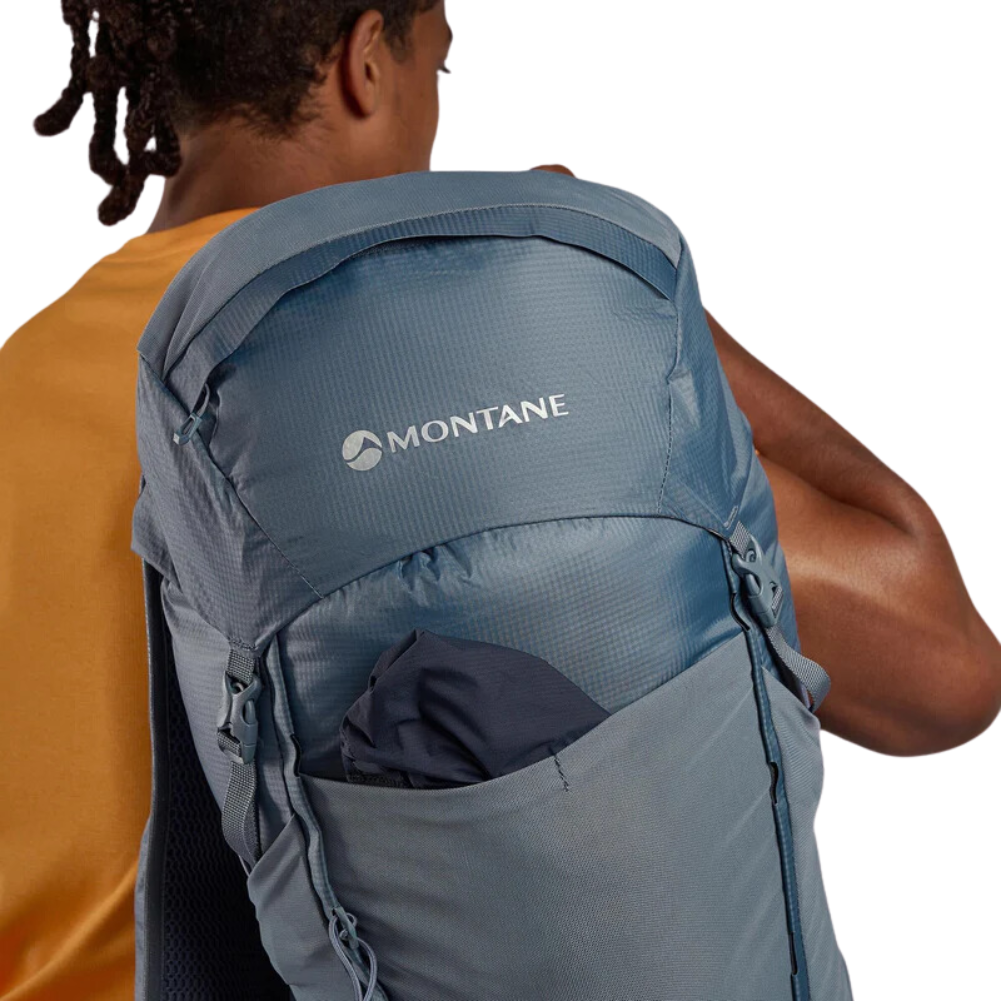 Montane Trailblazer 32L Backpack 2024 (Stone Blue) close up logo