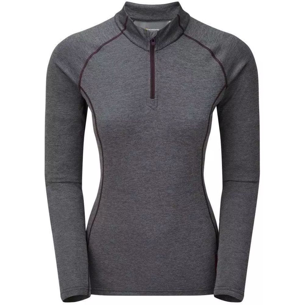 Montane Women's Dart Zip Neck LS Base Layer Top (Nordic Grey - Purple Stitch)