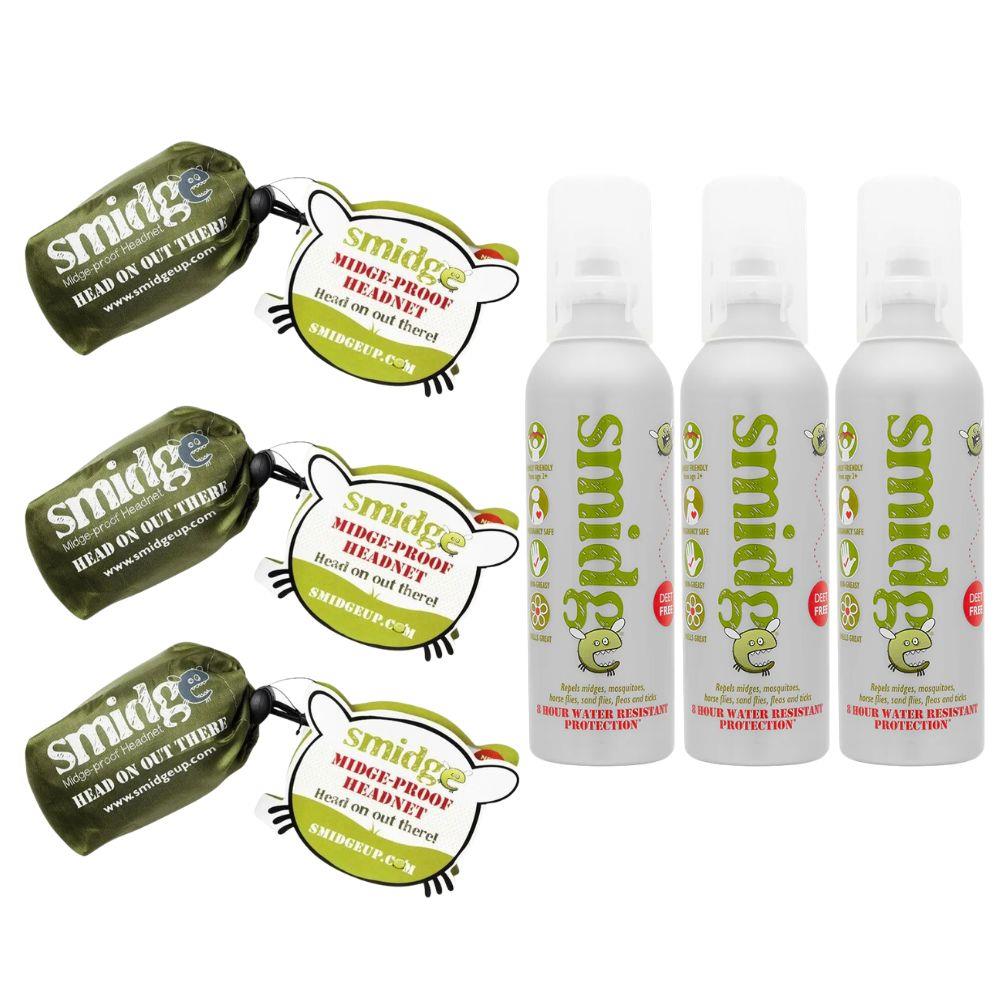 Smidge Midge and Insect-Proof Head Net &amp; Smidge Spray 75ml (3 Pack)