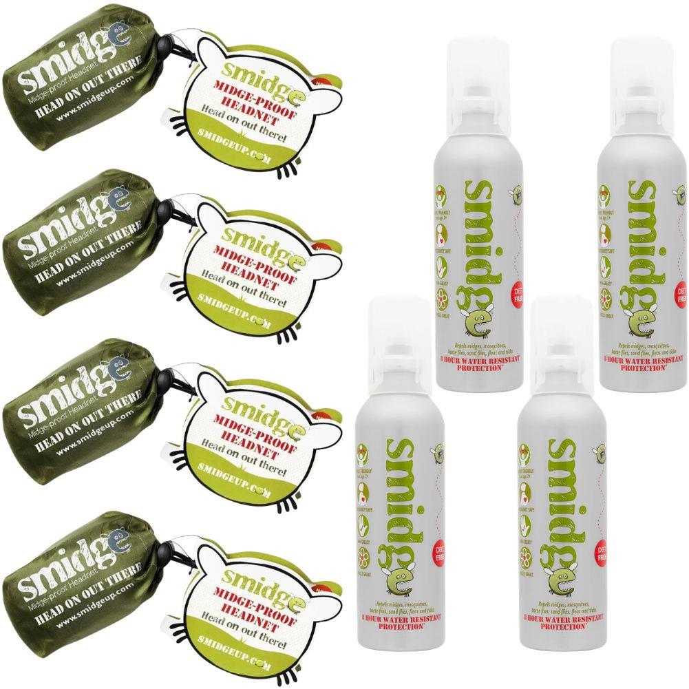 Smidge Midge and Insect-Proof Head Net &amp; Smidge Spray 75ml (4 Pack)