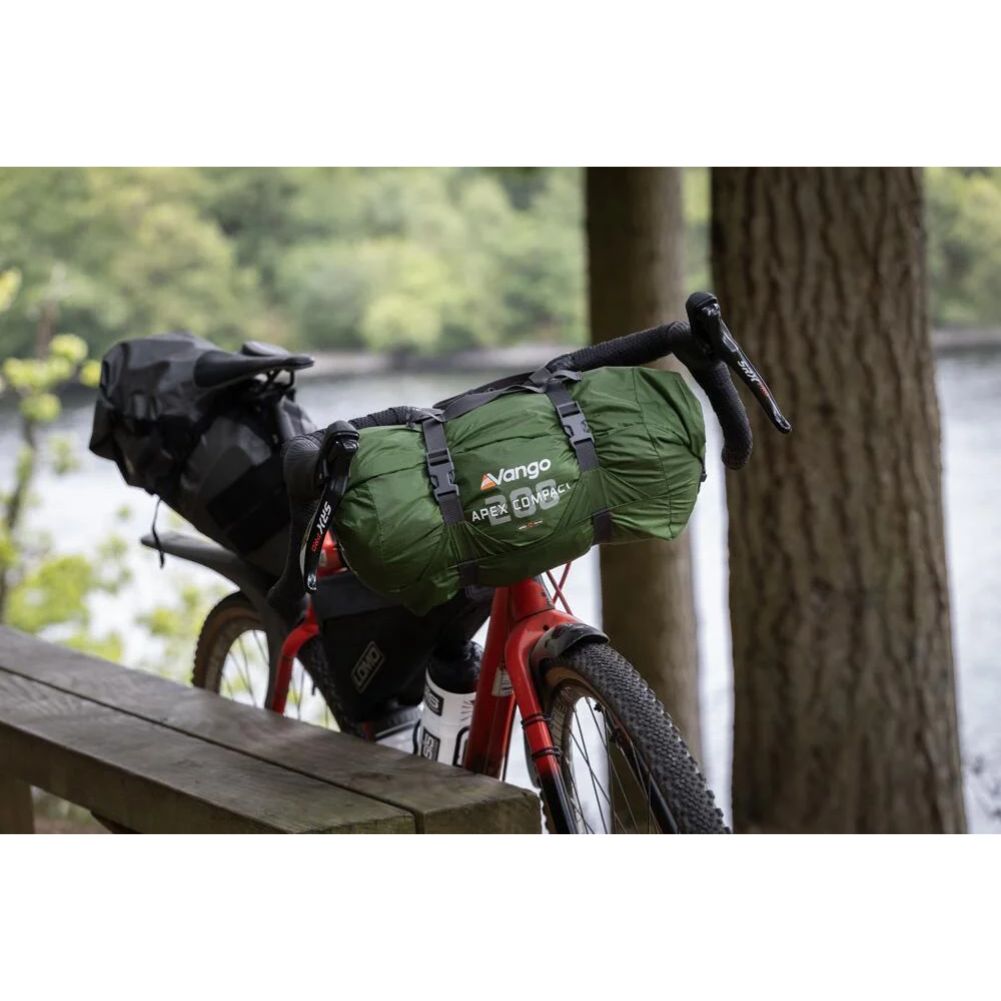 Vango Apex Compact 200 Tent - 2 Man Lightweight Tent (Forest Green) on bike
