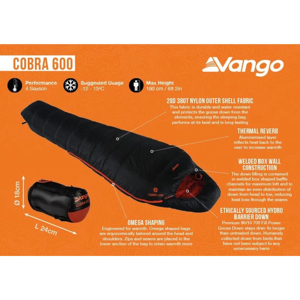 Vango Cobra 600 Down Filled Sleeping Bag (Anthracite) info