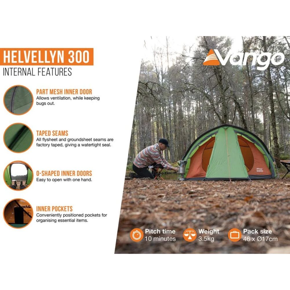Vango Helvellyn 300 Trekking Tent - 3 Man Semi-Geodesic Tent (Pamir Green) more info