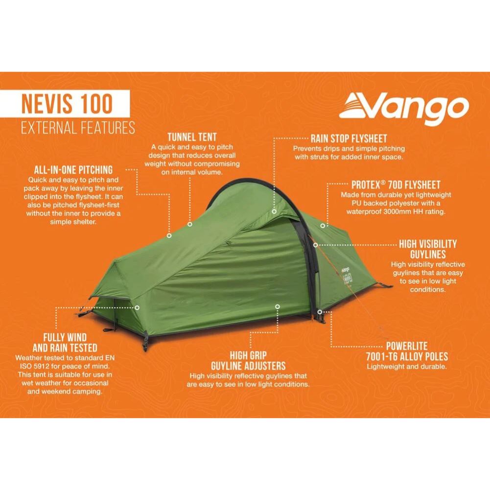 Vango Nevis 100 Tent - 1 Person Trekking Tent (Pamir Green) info