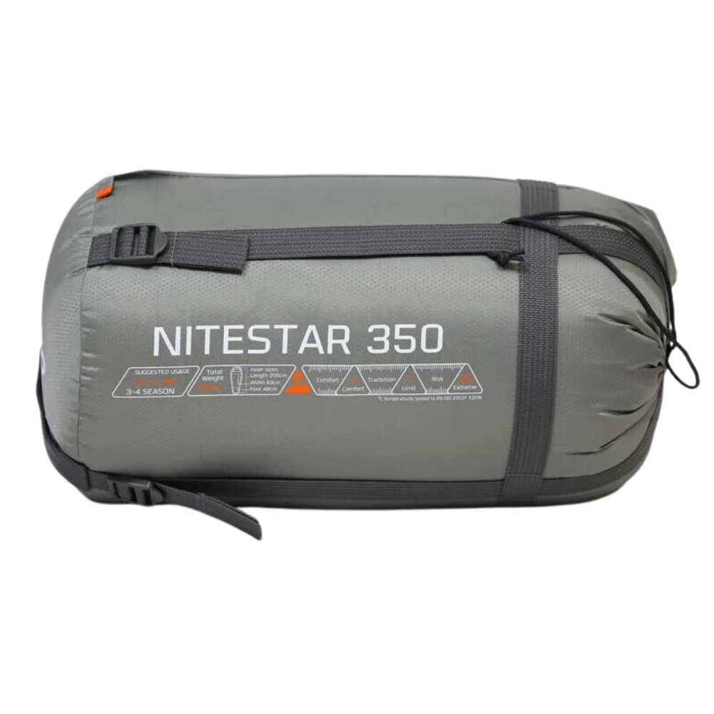 Vango Nitestar Alpha 350 Sleeping Bag (Fog) on the side bag