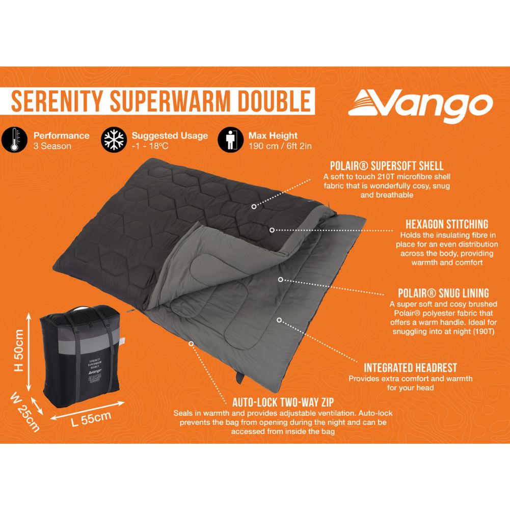Vango Serenity Superwarm Double Sleeping Bag (Shadow Grey) info