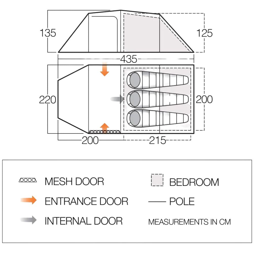 Vango Omega 350 Eco Tent - 3 Man Tunnel Tent - Measurements
